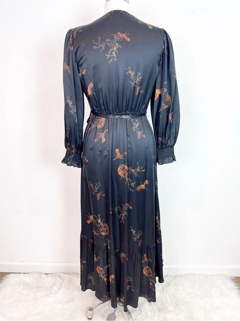ALL SAINTS ADELAIDE AURORA BLACK WRAP MIDI DRESS BROWN BIRD BRANCHES PRINT SZ 4 - Picture 4 of 9